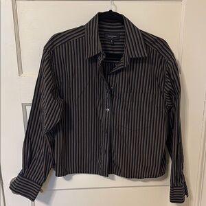 Banana Republic Navy and Tan Striped Cropped Dress Shirt